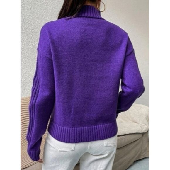 Casual Purple Round Neck Pullovers Cable kint - Picture 4 of 6